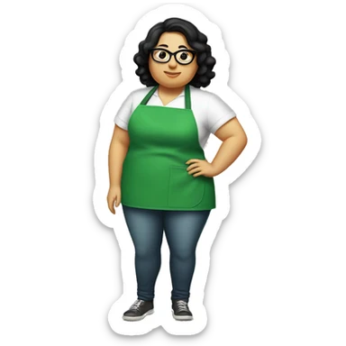 chubby lady with black hair green apron  with glasses cooking tacos sticker