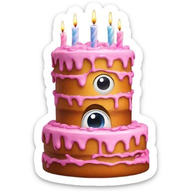A big cake stacked on top of eachother with 3d eyes and has candles as its legs sticker