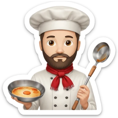 Bearded Chef – wearing tall white hat, red scarf, holding frying pan sticker