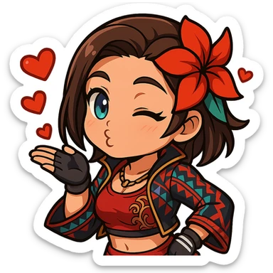 Azucena from Tekken 8 in chibi sticker style, blowing a kiss with animated hearts, wearing the detailed red and patterned outfit from the reference images, designed for Twitch emote use. sticker