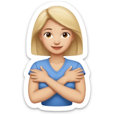 Smiling woman with crossed arms holding neck sticker