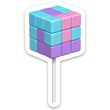 Sure! Here’s a shorter Genmoji prompt:  ⸻  Prompt: Pastel cube lollipop with stacked blocks in pink, purple, blue, and cyan. Textured, voxel-style, on a white stick. sticker