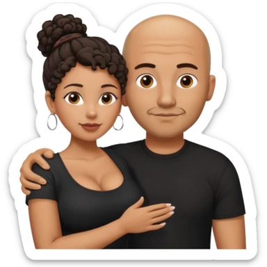 A picture of a tanned couple with the man's arm on her. the man is a Mexican man with tanned skin, a bald hair cut, short beard and wearing a black shirt. the woman is mixed, with curly dark brown hair in a messy bun and with big boobs  sticker