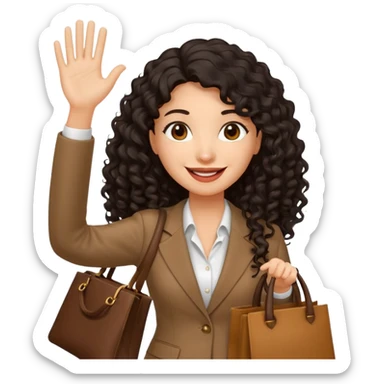 medium deep tan brown business woman with long black curly hair, waving hand with happy face with smile mouth and carrying bag on her shoulder sticker