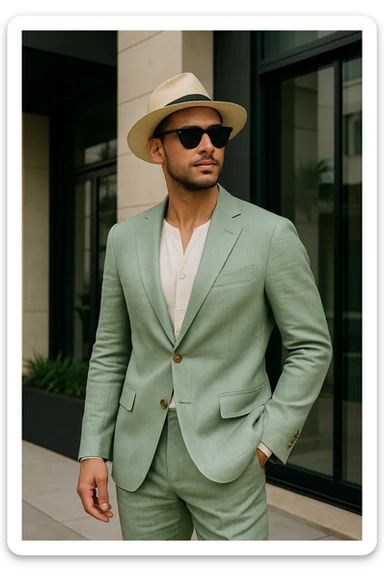 fashionable man in light green linen suit, with sunglasses and straw hat, standing confidently sticker
