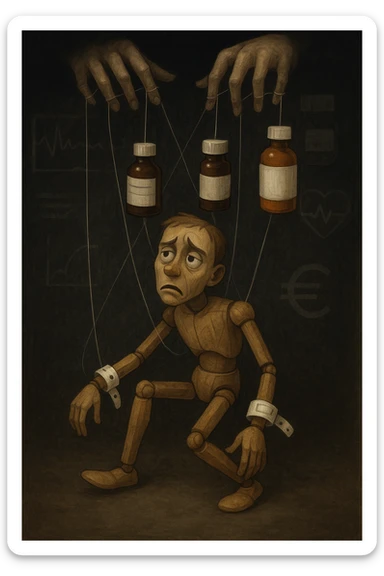 a marionette puppet with hospital bracelets and medication bottles as strings is controlled by unseen hands from above. The puppet’s face shows confusion and fatigue, representing the feeling of being managed by an invisible system. The background is dark, with faint images of medical charts and euro signs. in italiano sticker