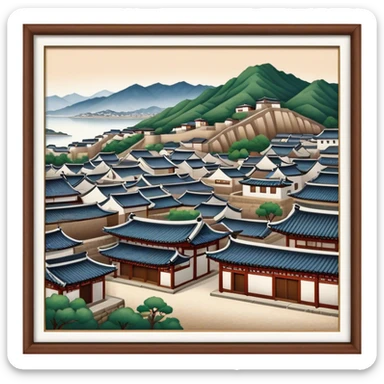 Cinematic Realistic Bukchon Hanok Village Landmark Emoji, depicted with traditional Korean houses set against a scenic backdrop rendered with detailed textures and warm, inviting lighting. sticker