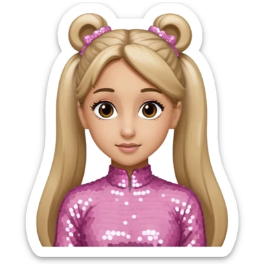 Ariana Grande with long dark blonde ponytail hair, light pink sequin outfit sticker