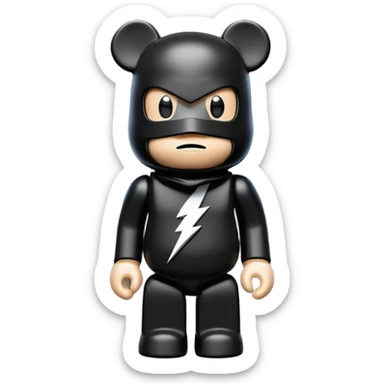 bearbrick toy wearing a black balaclava with a lightning bolt logo symbol on it sticker