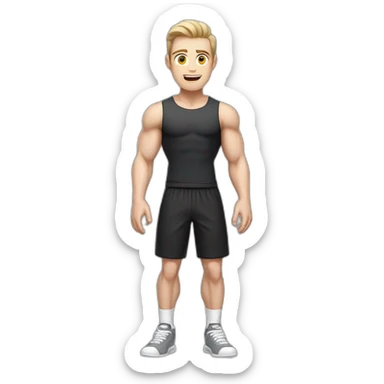 Surprised Pale skinned Fit Man With the biceps and dark brown hair in black shirt, gray sports shorts and white Sneakers sticker