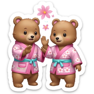 Two cute light-brown bears wearing pastel pink sakura-patterned kimonos, normal balanced body ratio.  
Facing each other and giving a joyful high-five with happy smiling faces and small spark effects.  
Kawaii emoji style, minimalistic clean sticker illustration, white background. sticker
