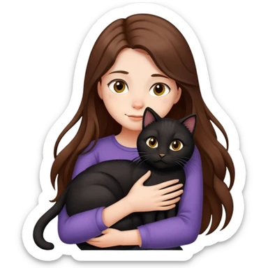 A girl with long brown hair hugs a black cat tightly sticker