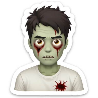 make an emoji of a dark haired guy with a messy head with thick eyebrows, brown eyes, zombie in white tee sticker