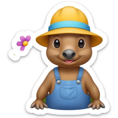 platypus dressed in gardening hat and overalls surrounded by flowers sticker