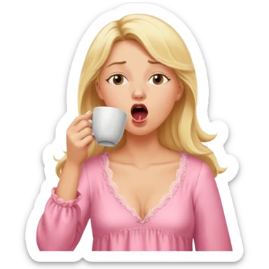 A blonde woman in a pink nightgown yawns, looking sleepy with dark circles under her eyes, drinking coffee, looking like she just woke up. sticker