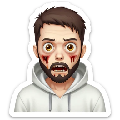 zombie with shocked expression, undercut hairstyle with dark brown hair, short full beard, wearing plain white hoodie sticker
