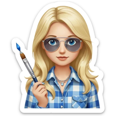 girl with long blond hair, wearing plaid shirt with blue eyes and aviator sunglasses wearing a ring on her silver necklace, holding a paintbrush sticker