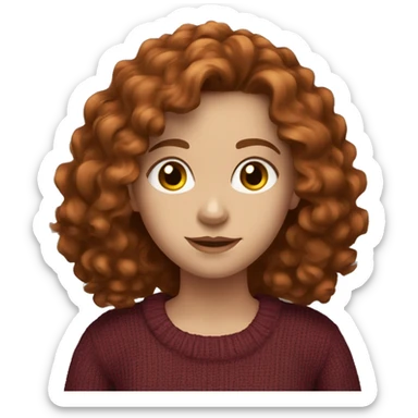Girl with type long 3B big curly copper brown hair, medium dark brown eyes, pale skin, wearing a maroon sweater  sticker