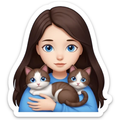 a girl with long dark 
brown hair, with blue eyes, hugs 3 different natural coloured small cats sticker