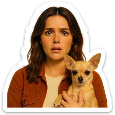 Portrait centered for Instagram profile picture inspired by the facial features visible in the reference images, with a tanned complexion, subtle freckles, shirt color #FFF8CA, rust-colored jacket, medium-length brown hair with auburn highlights, expression confused and surprised, holding a beige-brown chihuahua, Netflix series style, transparent background, intimate Tenerife ambiance. sticker