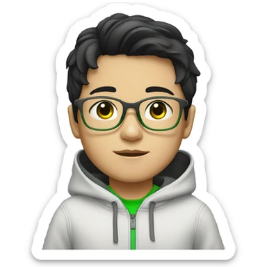 young boy with korean style black hair / grey hoody / white glasses / white glasses / green eyes sticker
