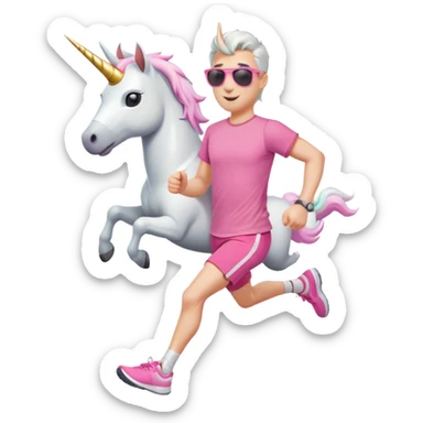 friendly anthropomorphised male white unicorn in grey shorts and pink t-shirt, wearing dark sunglasses, jogging upright in a relaxed pose sticker