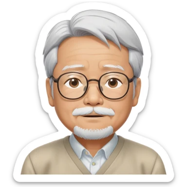 _cinematic-realistic-portrait-of-hayao-miyazaki,-depicted-with--large-rectangular-glasses,-his-happy-expression-rendered-in-lifelike-detail,-illuminated-with-soft,-realistic-lighting-that-emphasizes-his-creative-genius, his eyes closed  sticker