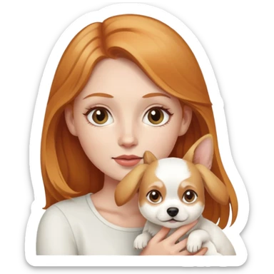 Strawberry blonde girl with hazel eyes holding a small white dog with long ears sticker