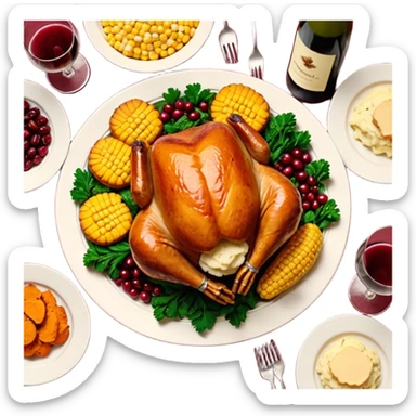 Thanksgiving Dinner with 6 friends of all different races around the table; have the food be a cooked turkey, mashed potatoes, corn, a basket of biscuits, a small bowl of cranberry sauce, baked yams, steamed vegetables, and a bottle of wine. sticker