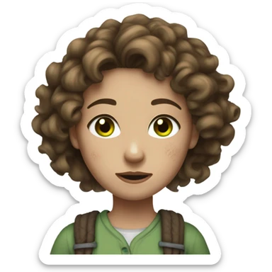 a girl with white skin, hair tied up, brown and curly and green eyes with clothes in bad condition and torn sticker