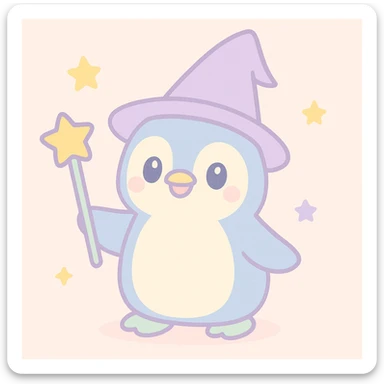 whimsical penguin dressed as a wizard, wearing a pointed hat and holding a magic staff, cute and magical style sticker