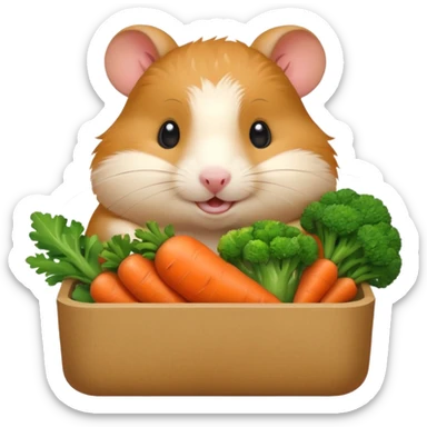 Cute chubby cartoon-style hamster holding a small bento box filled with vegetables, smiling proudly. Soft painterly shading, white background, sticker-style illustration sticker