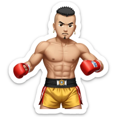 Rodtang Jitmuangnon the Iron Man, fierce Muay Thai fighter with mohawk hairstyle, intense expression, muscular build, wearing mongkhon headband and traditional Muay Thai shorts sticker