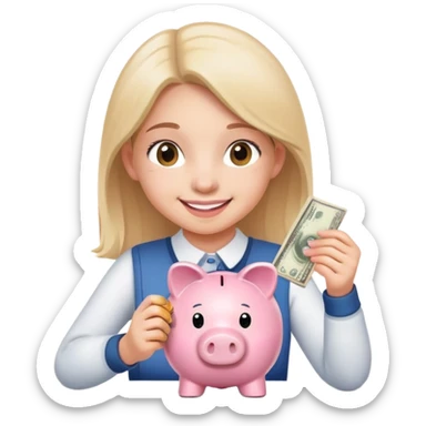 smiling girl carefully putting coins and bills into piggy bank sticker