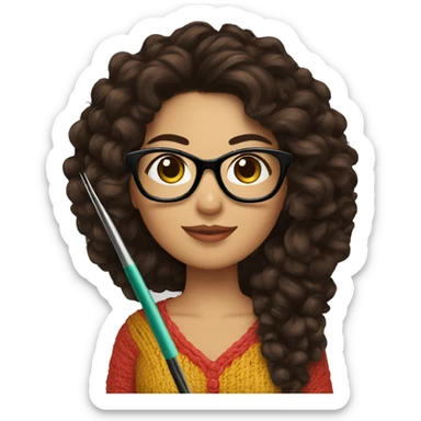 Hispanic woman with black glasses long dark brown curly hair holding crochet needle and yarn sticker