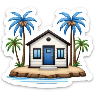 A full square 1 by 1   white and blue stripe building  horizontally with brown wooden door on a island with palm trees  sticker