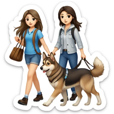 A long-haired girl walking a husky and a German shepherd sticker