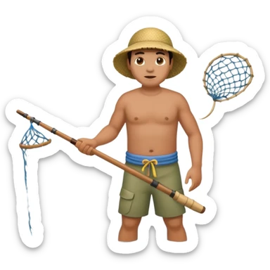 A Polynesian fisherman standing in the water fishing with a large net sticker