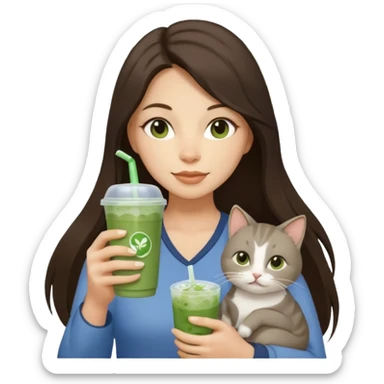 a brunette woman with long hair in here 30S drinking an iced matcha, carrying a grey cat and a map of the world sticker
