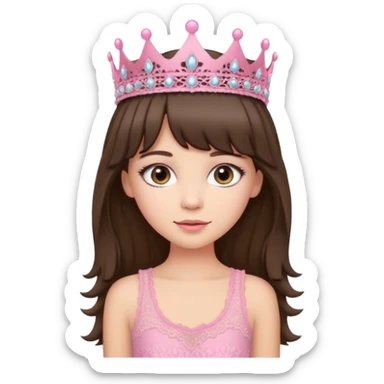 super long haired brunette with middle part curtain bangs cute pink lacy tank with a pink tiara on head, white but with a little bit of tan sticker