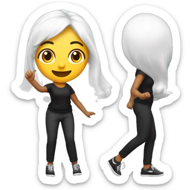 mulher pequena, branca de calça preta e blusa preta com detalhe prateado ,cabelo longo dançando e cantando com o microfone na mão escrito Alê sticker