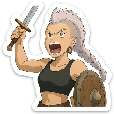 A sword maiden, mohawk, long braid white hair with lavender and tips long messy bangs one side, gold yellow eyes, black crop top, brandishing an arming sword and a shield, roaring! rah! sticker