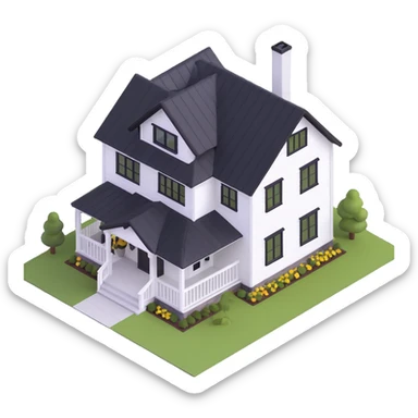 modern farmhouse with white siding, black roof and black trim, isometric exterior view sticker