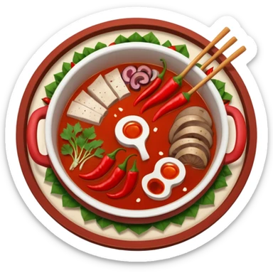 A hot pot emoji in top-down view. The pot is divided into two sections: one with spicy red broth filled with chili peppers, and one with mild white broth. Surround the pot with rolled slices of meat, vegetables, and mushrooms.The meat outside the pot sticker