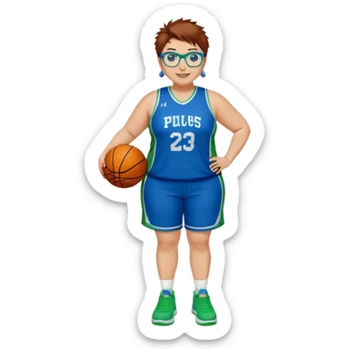 Full Body plus size white female basketball player with short medium brown hair with carmel highlights spikey hair wearing blue glasses 
 wide nose wearing blue green uniform  green sneakers smiling wearing earrings sticker