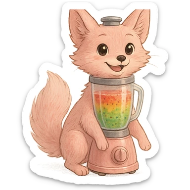 premium full-body ghibli style pastel pink fox as a blender, soft fluffy fur, transparent body showing colorful realistic smoothie inside, big sparkling eyes, gentle happy face, joyful pose, highly detailed sticker