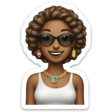 smiling girl in sunglasses with jewelry and lighter skin sticker