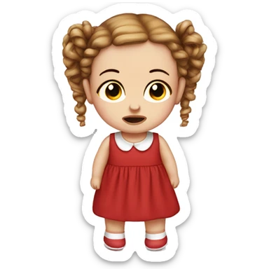 crying pale baby doll with red dress and curly brown pigtails sticker