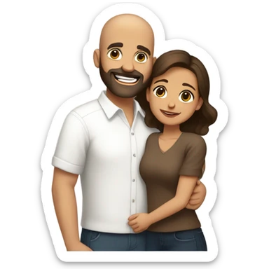 Brown-haired Puerto Rican woman with dark brown eyes wearing a cute blouse giving comforting hug to short, bald man with brown eyes, laugh lines, and a beard sticker