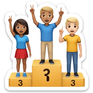 three casually dressed multi-racial people on a winners podium, center step higher, no numbers, center person holds up one finger on each hand, excited, fun, expressive emoji style sticker